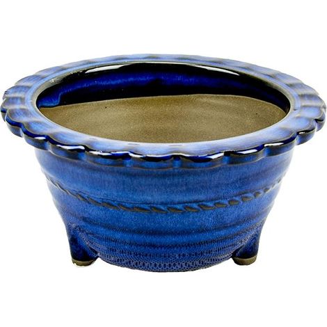 Vaso per bonsai Giapponese Morrisan rotondo in gres smaltato blu 10,5x10,5x6 cm - B04-13b (1/4)