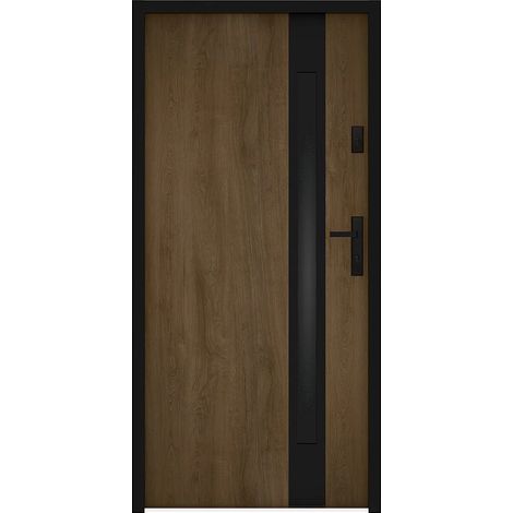 Porte d'entrée en acier pleine et inox H207 x L100 cm - verre fumé - effet noyer et noir - épaisseur 55 mm - poussant gauche - BRAGA