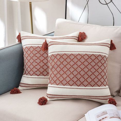 Taie d'oreiller Housse de Coussin Boheme Moderne Carrée Taie d'oreiller Décorative Tissée Jacquard pour Salon Canapé Chambre 45x 45 cm, Rouge et Blanc Lot de 2 (1/5)