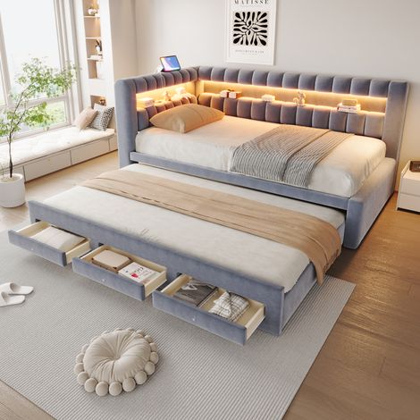 Lit banquette enfant 90x200 cm - extensible - tiroirs - rangement intégré - port USB - éclairage LED - velours - Gris (1/4)