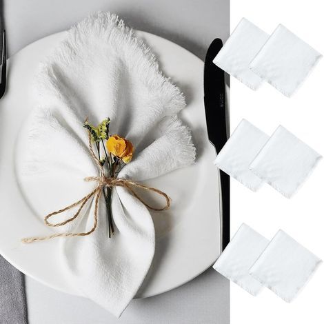 Lot de 6 Serviettes de Table Tissu, Serviette Tissu avec Franges, Lavable et Réutilisable Serviette Gaze de Coton 45cm pour Mariage, Hôtels, Restaurants, Evénements et Fêtes(Blanche) (1/5)