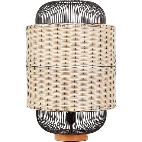 Lampe à Poser avec Abat-Jour Cage Métallique en Rotin Naturel et Noir Tanganyika (1/5)