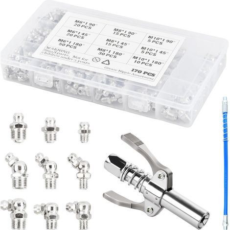 Schmiernippel Sortiment, 170-teilig M6 M8 M10 Schmiernippel, Fettpressenverschraubung mit 30cm Schlauch, Fettpressenverbinder, Schmiernippel für Fettpressen