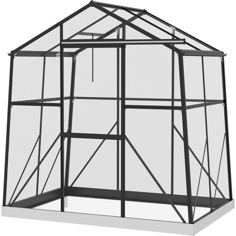 Invernadero de aluminio de 2,51 m² con ventana y puerta corredera, invernadero negro con cimientos 131x192x203cm para jardín (1/5)