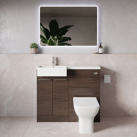 Napoli 250 Brown Oak 1000mm 2 Door Vanity Unit Toilet Suite with Left Hand Square Rico Semi Recessed Basin - 1000mm - Chrome 160mm HandleWith Kingston Toilet Pan and Seat