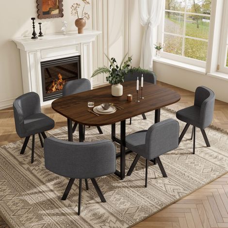 Ensemble table et chaises 6 pièces, Table à Manger 140x90 cm et 6 Chaises en Lin Gris - Table en Bois de Noyer pour Cuisine et Salle à Manger, Moderne
