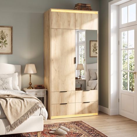 Armoire 200 cm avec miroir LED, penderie, 4 tiroirs et rangement, meuble moderne en MDF pour chambre, effet chêne et anthracite (1/5)