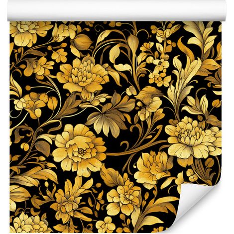 Carta da parati con ibisco dorato, sfondo ocra, centro ocra, 50x1000 cm (1/5)