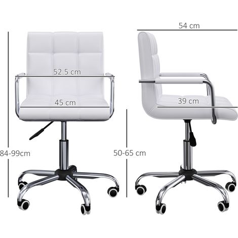 Weißer Bürostuhl aus PU-Leder mit 5 Drehrollen, gepolstertem Sitz und verstellbarer Höhe, 52,5 x 54 x 84–99 cm