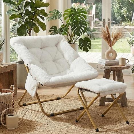 Relaxsessel mit Hocker 72 x 76 x 78cm für Teenager und Erwachsene, Scandinavian, Kunstfell-Stoff aus Polyester, mit Seitentasche & Stabilem Metallgestell, Klappbar Mondstuhl Indoor, Weiß (1/5)