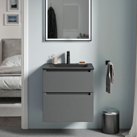 BERNSTEIN - Meuble vasque suspendu salle de bain MDF Anthracite mat, lavabo fonte minérale Noir mat + trou robinet, tiroirs passe-main pivotants - 60x46x62cm - VIREO Anthracite mat, Noir mat avec trou