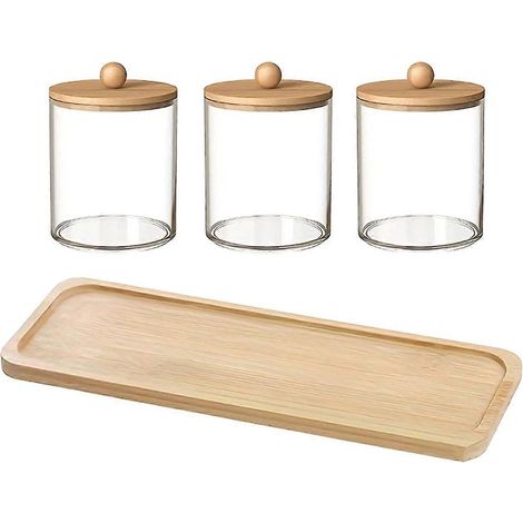 Ensemble de 4 pièces : 3 supports pour cotons-tiges/boules/tampons, 1 plateau en bambou pour commode, 1 pot d'apothicaire avec couvercle en bambou et 1 récipient transparent pour salle de bain. (1/5)