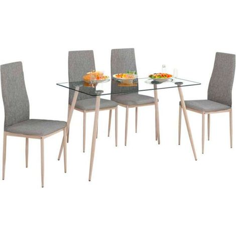 Conjunto Mesa Cristal + 4 Sillas Color Gris Tela Comedor Salón Estilo Nórdico Patas Metal Efecto Madera