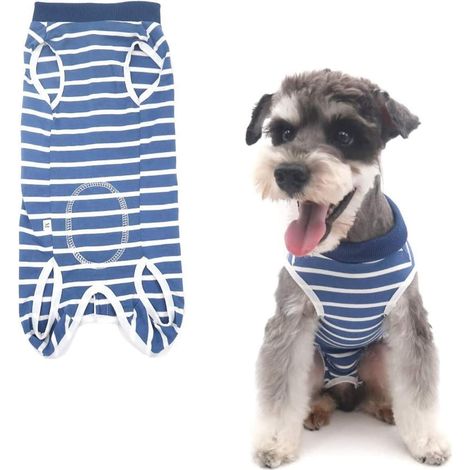 MIMOSON-Dog Recovery Suit, Abdominal Wound Protector Puppy Vest Clothes Pet Post Surgery Wear, E-Collar Alternative for Small Medium Cats Dogs (M, Blue Stripe) (1/5)