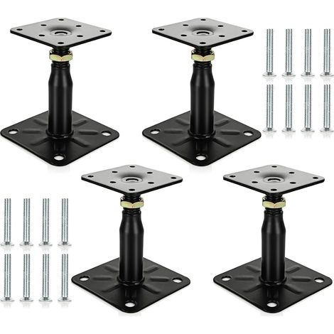 Lot de 4 supports de base de poteau surélevés réglables galvanisés de 100 à 150 mm, support de toit robuste pour bâtiment – Noir (1/5)