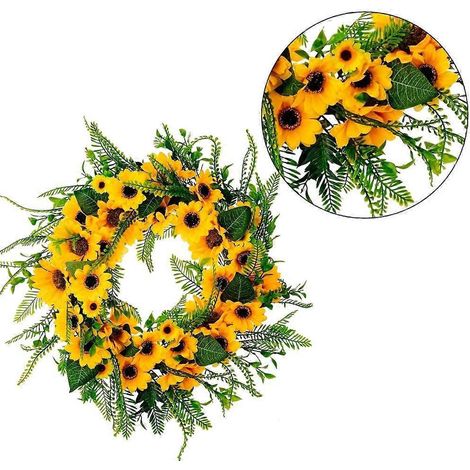 Couronne artificielle de tournesols pour porte d'entrée, idéale pour les 4 saisons et les fêtes de mariage. (1/4)