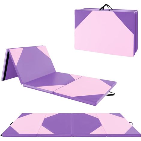 GOPLUS Tapis de Gym 4 Panneaux Pliable, Fermeture Auto-agrippante, Tapis de Yoga Antidérapant avec Poignée de Transport, pour Etirements, Yoga, Arts Martiaux, Aérobic, 300x117cm (1/5)
