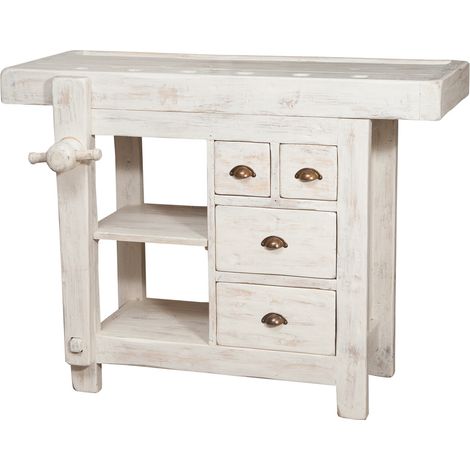 Banc style rustique en bois massif de tilleul massif avec finition antique blanche L116xPR63xH90 cm