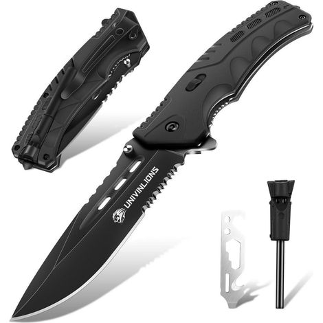 Couteau pliant 8-en-1 avec acier D2, brise-vitre et sifflet pour extérieur, camping, pêche
