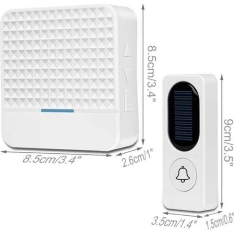 Sonnette Sans Fil - Sonnette Solaire Électronique - Récepteur 8,5 x 8,5 x 2,6 cm Émetteur 9 x 3,5 x 1,5 cm - Portée 300 m - 4 Niveaux Volume - 38 Mélodies - Blanc (1/3)
