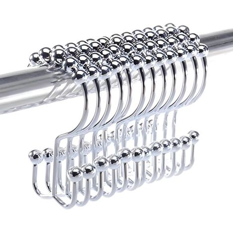 12 crochets de rideau de douche double couche. Anneaux de rideau de douche en acier inoxydable de haute qualité. Roulements à billes coulissants sur la tringle à rideau de douche rétractable. (1/5)