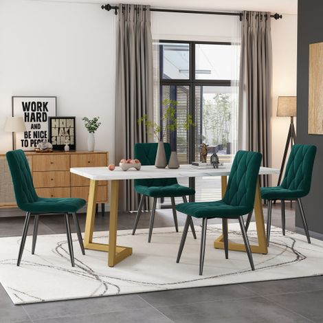 Ensemble repas 5 pièces, table 117 x 68 cm pieds métal doré et 4 chaises velours vert foncé (1/5)