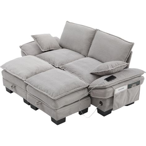 Canapé modulaire 2 places en velours côtelé (avec 2 poufs) – assise large, design ergonomique, rembourrage en mousse haute densité, port USB-C et poches latérales. Idéal pour le salon, le bureau ou un (1/5)