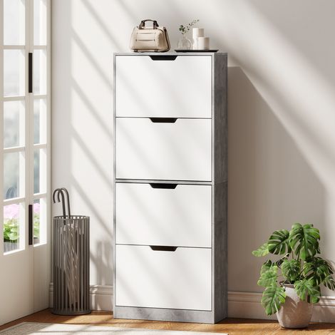 Armoire à Chaussures Moderne 4 Portes, Rangement pour 16 Paires, 62.5x26x156 cm, Gris Béton, Étagère Fine Gain de Place (1/5)