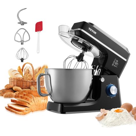 Robot pâtissier domestique 1400 W, batteur sur socle 7,84 L, mixeur à pâte avec 6+P vitesses, tête inclinable, avec bol en acier inox, crochet, fouet, batteur plat, grattoir, pour cuisson, noir (1/5)