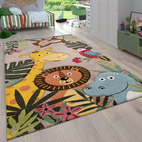 Paco Home Kinderzimmer Kinderteppich für Jungen mit Tier u. Dschungel Motiven Kurzflor Beige, 120 cm Rund
