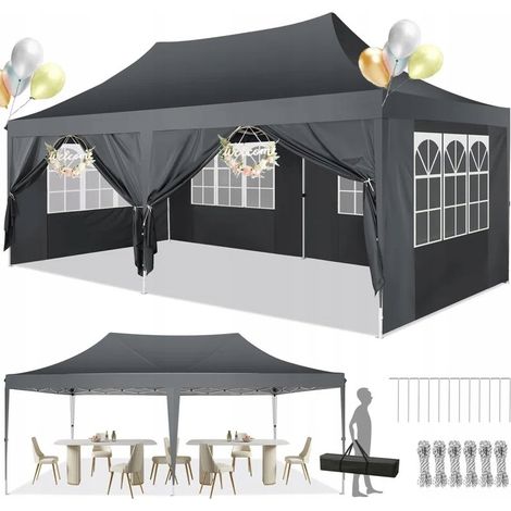 Carpa de jardín plegable 3x6M Protección UV impermeable, Barnum plegable para bodas, picnics, mercados, camping con 6 paredes laterales desmontables, Gris (1/5)