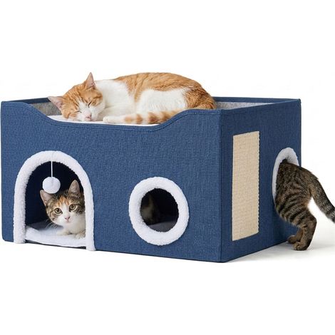 Relaxdays Cueva para gatos, 34 x 60 x 40 cm, rascador, pelota, 2 cojines, casa plegable, azul (1/5)