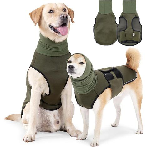 Jacket for Dogs with Ear Muffs and Hood, Anti-Anxiety Dog Coat with Reflective Strip (Army Green, M) (1/5)