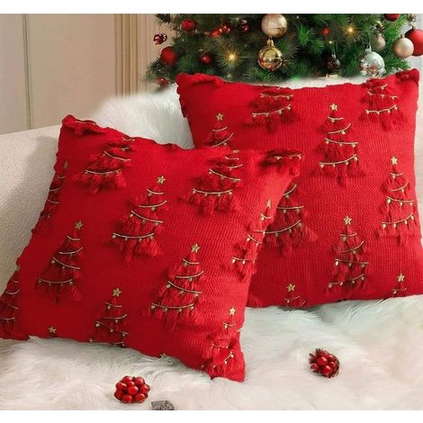 Lot de 2 Housses de Coussin Noël 45x45cm Doux Courte Velours Coussin Canape 3D Motif Arbre de Noël et élan Oreiller Housse,Rouge B (1/5)