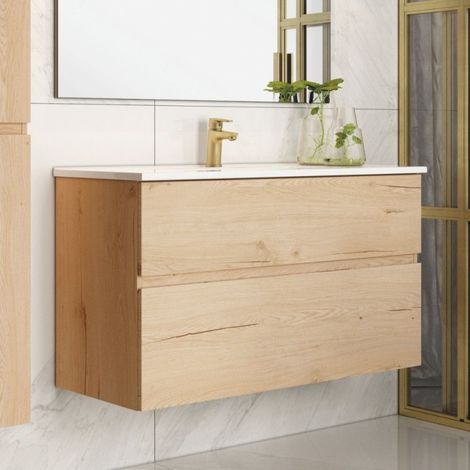 Armoire de toilette suspendue 100 cm avec 2 tiroirs et lavabo inclus coloris chêne - Mances (1/2)