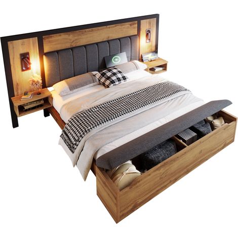 Lit double 180x200 avec liseuses, ports USB-C, banc coffre et chevets intégrés, cadre métal et MDF avec revêtement en tissu, bois clair pour chambre - CHICFURN (1/5)