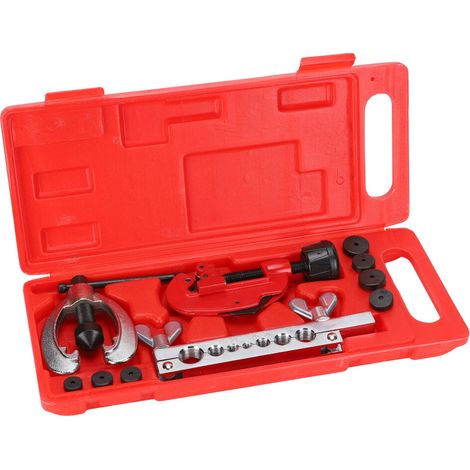 Questo set di utensili per svasatura da 10 pezzi include matrici doppie/singole in 7 misure ed è adatto per tubi freno automobilistici.