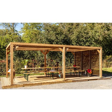Habrita – Pergola en bois thermochauffé 20,93 m2 – Ventelles orientables toit et paroi – Dimensions 6260 x 3410 mm – Fabrication française PEFC (1/5)