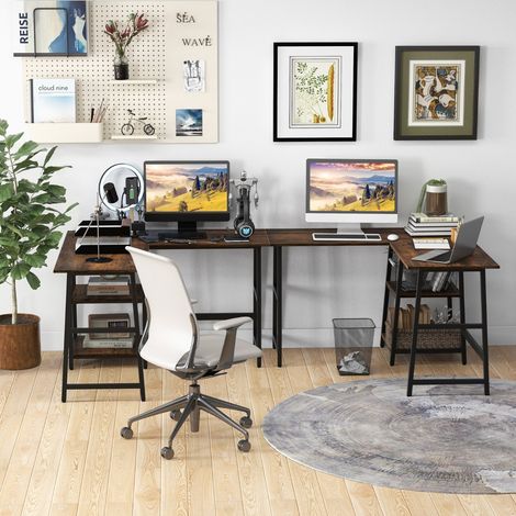 Bureau en Forme de ‘L’ avec Prises de Courant et Ports USB Bureau d'Angle de 120cm Etagères de Rangement Cadre en Métal Marron Rustique (1/3)
