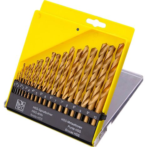 Juego de 19 brocas helicoidales de vástago recto de acero rápido (HSS) para perforar láminas delgadas de aluminio, madera y plástico. (1/5)
