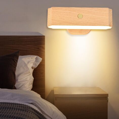 LED 360° Rotation Applique Murale avec Détecteur de Mouvement Intérieure Lampe Murale USB Rechargeable Bois Éclairages Murales avec Toucher Switch Dimmable pour Chambre à Coucher (1 Pièce,Bois Clair) (1/5)