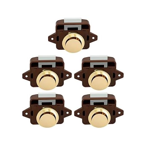 Lot de 5 loquets à bouton-poussoir pour armoire, bateau, camping-car, caravane ou fourgon aménagé. (1/5)