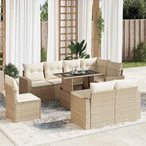 Ensemble Salon Jardin Résine Tressée Beige 9 Places avec Table et Coussins Crème - Stockage Intégré et Housse Lavable (1/5)