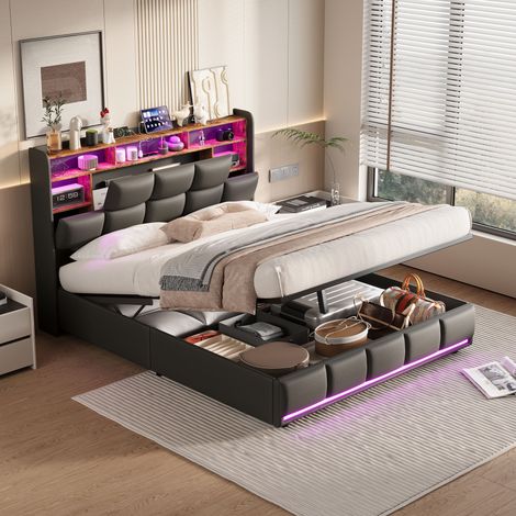 JOOKGBD-Polsterbett Doppelbett 140x200cm,Bett mit LED und USB, Boxspringbett Jugendbett mit Stauraum Kopfteil,Hydraulisch Stauraumbett Rückenlehne Bettgestell mit Lattenrost,PU,Ohne Matratze,Schwarz