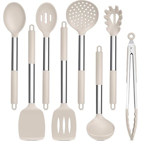 Juego de 8 utensilios de cocina de silicona con mangos de acero inoxidable, aptos para freír, servir, etc., en color caqui. (1/5)