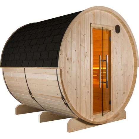 Sentiotec Kuusi 220 Fasssauna aus Fichte Gartensauna mit Dacheindeckung Ø 220 x 220 cm