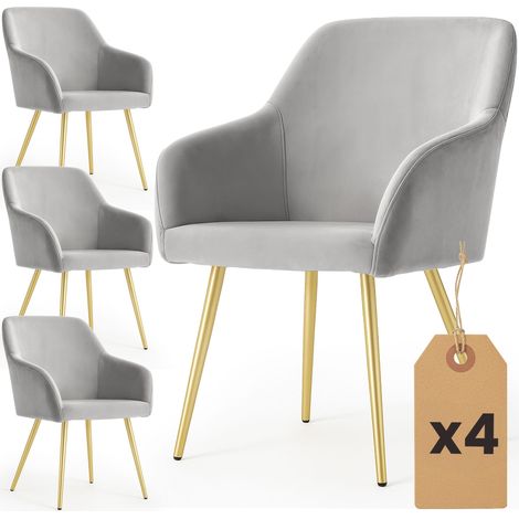 Lot de 4 Chaises en velours lisses ESTELLE Gris pieds dorés (1/5)