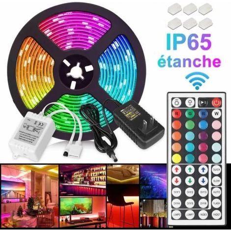 Ruban LED 5M 3528 RVB 300 - Lumières + Alimentation 12V 2A + télécommande IR 44touches IP65 Étanche (1/4)