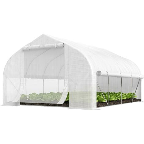 Serre tunnel de jardin 12 m², serre de jardin tunnel avec porte et 8 fenêtres, bâche PE 140 g/m² 400 x 200 x 200cm blanc