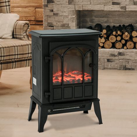 Cheminée électrique au sol 1000/2000W - 39x23x56,5cm - température et protection surchauffe - effet flamme et luminosité réglables - noir (1/4)